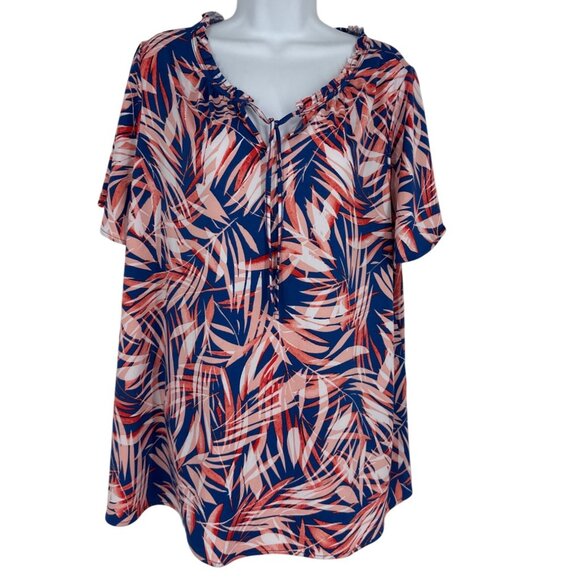 Lane Bryant Womens Tropical Palm Print Ruffle Neck Short Sleeve Top Size 18/20 - Picture 1 of 9